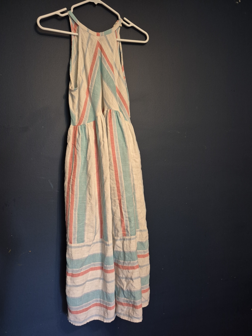 Listicle Striped Halter Dress in Cream, Teal & Coral